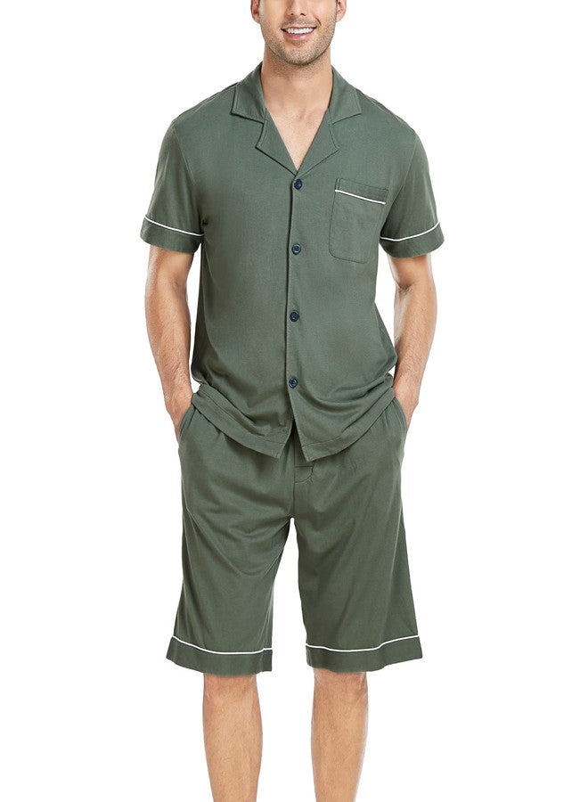 COLORFULLEAF Men's 100% Cotton Short Sleeve Pajama Sets Button Down Notched Collar Sleepwear Soft Lounge Pjs with Pockets (Army Green, M) - Image 1